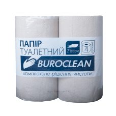 Папір туалетний целюлозний "Buroclean", 4 рулони, на гільзі, двошарові, сірий       